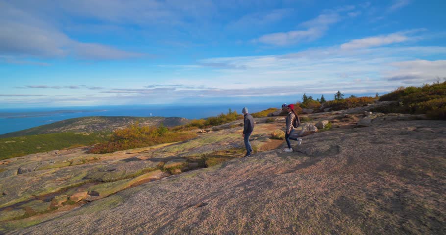 Couple Together on Mountain Peak, Acadia National Park Forest View