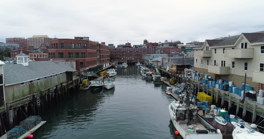 Boats in City Harbor, Portland Maine by Aerial Drone