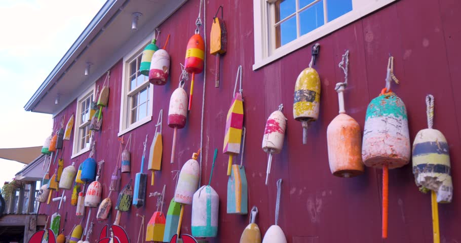 Fishing Marker Buoys on Wall, Harbor Boats Bar Royalty-Free Stock Footage #1023781375