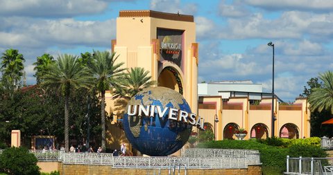 USA. FLORIDA. ORLANDO. FEBRUARY 2019: Universal blue ball in Universal Studios - City Walk. 