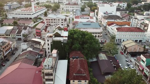 IPOH, MALAYSIA - FEBRUARY 5, 2019 : Aerial overhead view over house  Colorful roofs at heritage trail walk in old town of Ipoh, Perak, Panglima Lane or the old name, Concubine Lane