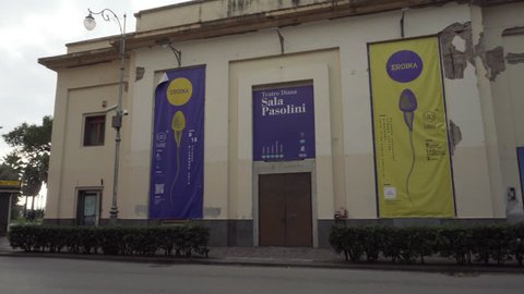 SALERNO, CAMPANIA / ITALY – JANUARY 27, 2019: Diana theatre in Salerno with provocative signs with semen on January 27, 2019. Pan. Teatro Comunale Diana.