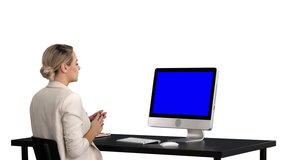 Business video call, businesswoman having videoconference, white background. Blue Screen Mock-up Display.