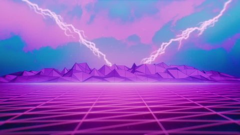 80s Retrowave Pink Grid and Distant Lightnings. Seamlessly looping animated background.