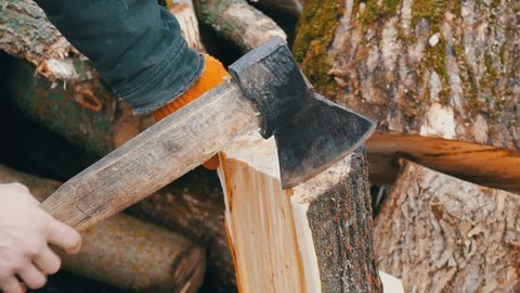 Man's hands chop large logs and tree trunks with an ax for a future fire