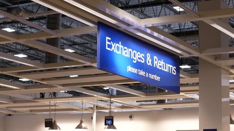  Coquitlam, BC, Canada - February 01, 2019 : Motion of exchanges and returns sign inside Ikea store with 4k resolution.