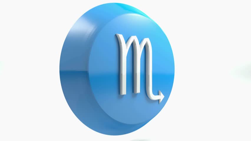 A blue circle push button with the icon of the zodiacal sign SCORPIO, isolated on white background - 3D rendering illustration