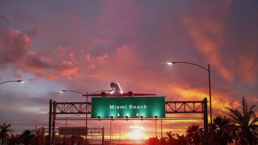 Airplane Take off Miami Beach during a wonderful sunset Royalty-Free Stock Footage #1023833173