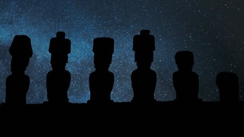 Moai, the Ancient and Mysterious Sculpture by Night with Stars and Milky Way, Easter island, Polynesia, Chile