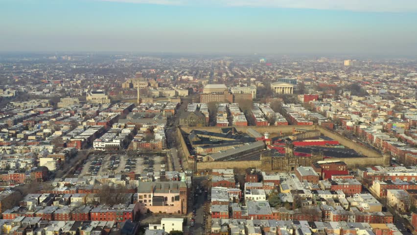 Aerial drone video Eastern State Penitentiary Philadelphia PA USA
