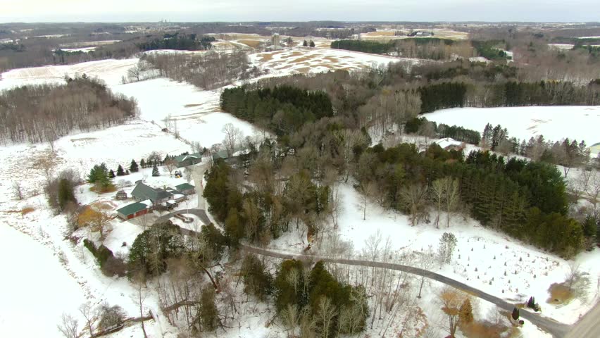 Richly textured rural Wisconsin Winter agricultural landscape, aerial view.
