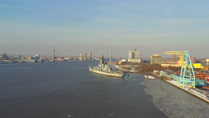 Aerial footage Battleship New Jersey 4k