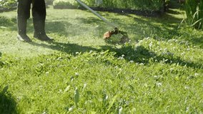 Male worker with petrol lawn mower trimmer with motor cutting grass on a sunny summer day. Cutting grass in the country. Slowmotion