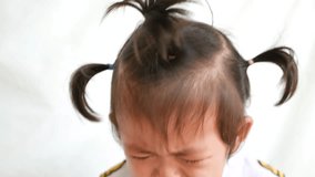 Close up of little Asian girl's face, 20 months old, crying with tears