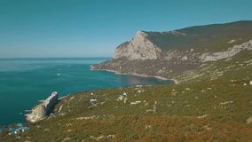 Sea coast with forest and mountains in the background. Aerial video move forward
