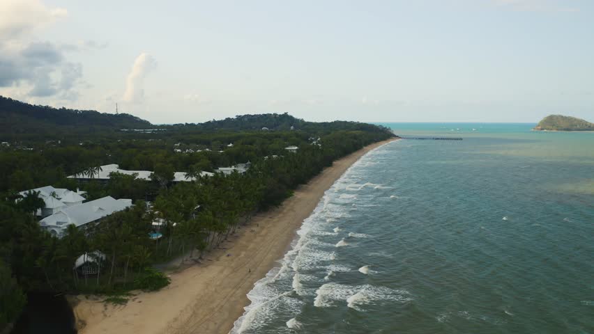 Aerial, beautiful seascape and a view on a small islands and a beach of Palm Cove, Cairns in Queensland, Australia