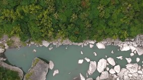 Aerial - Bird view of forest rocks and river