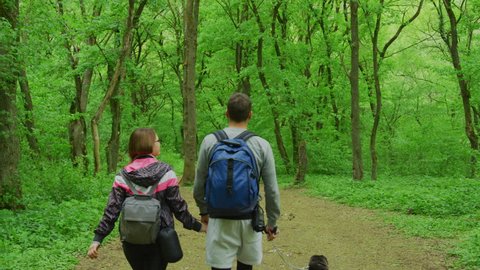 Couple walking under green branches, in a forest.