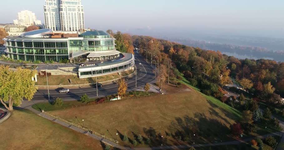 Island Velykyy Pivdennyy, aerial view of Dnipro river, aerial view of nature of Kyiv hills,