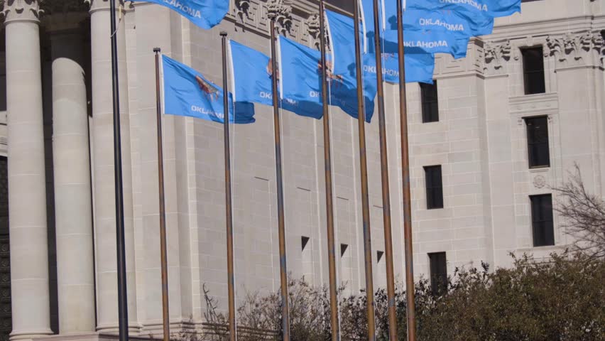 Oklahoma City Capitol Building State Flags Flying in Slow Motion