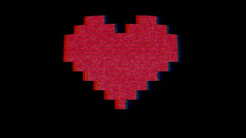 Pixel Heart Animation on Old TV Screen. Glitch Distortion Screen. Love Symbol or Broken Heart Concept on a Black Background. 4K Video Footage.