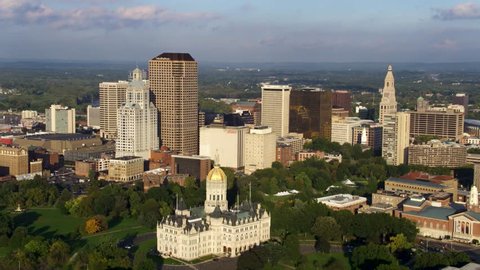 Hartford, Connecticut / United States - August 25 2018: Hartford Connecticut City Skyline, Capitol Building, Aerial Drone