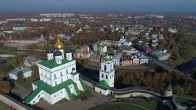 Trinity Cathedral close-up. October afternoon (aerial video). Pskov, Russia 