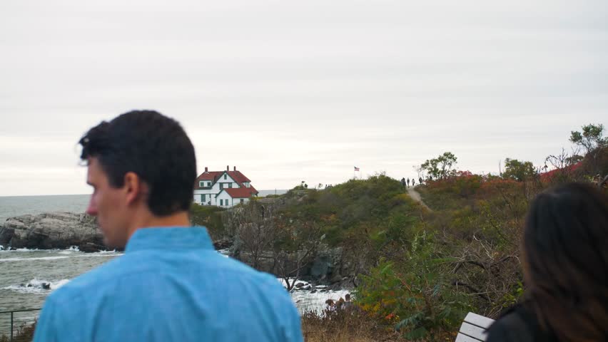 Couple on Path Lighthouse, Coast of New England Portland Maine