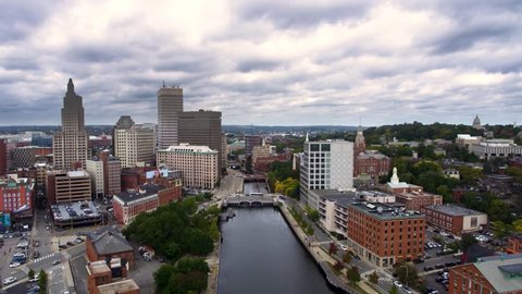 Providence, Rhode Island / United States - August 27 2018: Providence Rhode Island Skyline Downtown, Aerial Drone Overhead New England City