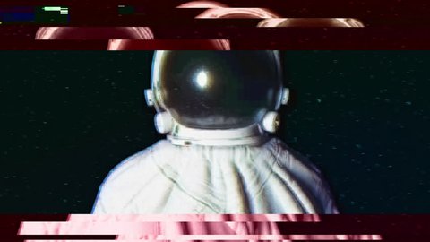 A video in the style of an old broken TV with the effects of noise, glitch, and shromatic aberrations. Circular light flashes around an astronaut on starry background.