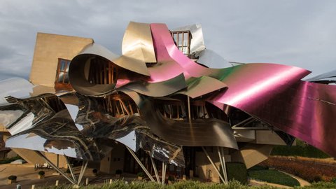 ELCIEGO, SPAIN - FEBRUARY 2019. Contemporary building designed by architect Frank Gehry in a winery, nothern Spain. Time Lapse