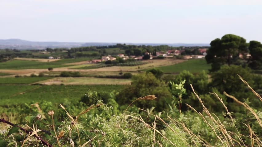 Footage of the French countryside, a small town in the south called Montpeyeoux.