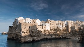 Polignano a mare time lapse. Beautiful city in south Italy, Puglia. Time lapse video during sunset