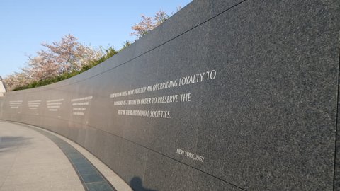 Washington, D.C. May 22,Tracking shot of quotes at the Martin Luther King, Jr. Memorial in Washington DC, Cherry Blossom Festival, 