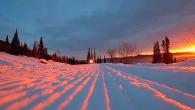 snowmobile rides on the track prepared snowgroomer with grooves, corduroy. red sunrise and splashes of snow in the background light. mountain forest and cloudy sky. stock video footage. Slow motion