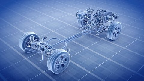 Car structure - Engine, steering, cardan shaft to wheels, braking system, cooling system, suspension 3d rendering