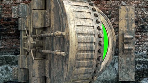 4K Animation of Grunge Vault Door in Brick Dirty Wall Open with Green Screen background. Close-up View