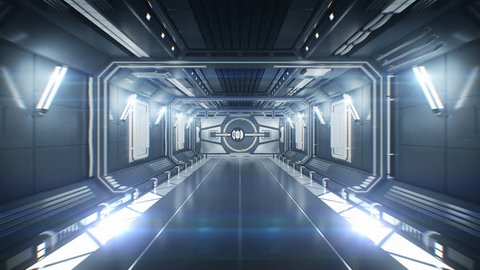 Beautiful Spaceship Tunnel with Opening Metal Gates and Flight Out Through it to White Light. Abstract Futuristic 3d Animation with luma Channel. 4k Ultra HD 3840x2160.