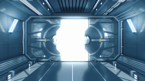 Beautiful Flight Out from the Abstract Futuristic Spaceship Tunnel Through Opening Metal Gates to White Light with luma Matte. 3d Animation. 4k Ultra HD 3840x2160. 
