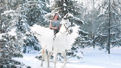 first horse riding, sweet cute girl with long black straight hair puts on white horse with wings, pegasus strides forward uncertainly in brilliant snow in winter forest, bright bright fairytale video
