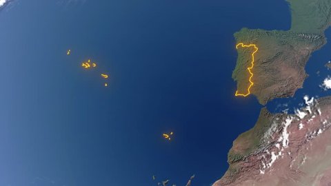 Realistic 3d animated earth showing the borders of the country Portugal with Azores and Madeira and the capital Lisbon in 4K resolution