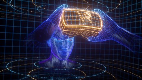 virtual reality simulation, cyberspace tour, deep learning, player playing video game intro, robot head in holding virtual glasses device, gadget, user network connection
