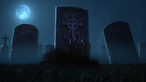 Zombie hand out of ground in haunted graveyard.
Truck in camera move. 3D Animation
