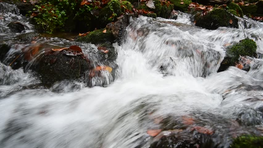 Panning shot of water flowing over rocks in babbling brook in forest, Berdorf, Mullerthal, Luxembourg, November
