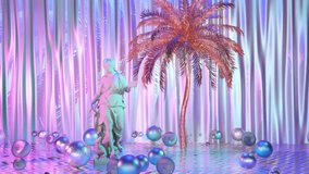 Creative 4k video in web-punk and vaporwave style with sculpture, balls, palm and holographic elements . Loop 3d animation.