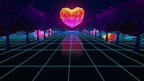 Low poly duotone Heart. Glowing neon, light grid landscapes. Palms. Animation grid, 80s Retro Sci-fi background. Cyberpunk. Retrofuturism. Synthwave. Retrowave. Looping animation - Powered by Shutterstock - Get 15% off with code: PIKWIZARD15