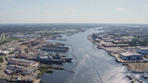 Norfolk Virginia Aerial Reverse panning from Portsmouth to Norfolk cityscapes and shipyard detail 10/17