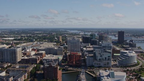 Norfolk Virginia Aerial v26 Panning birdseye of downtown and river 10/17