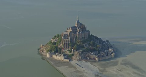 Mont Saint-Michel France Aerial Slow approaching birdseye view of Mont's south side 8/18