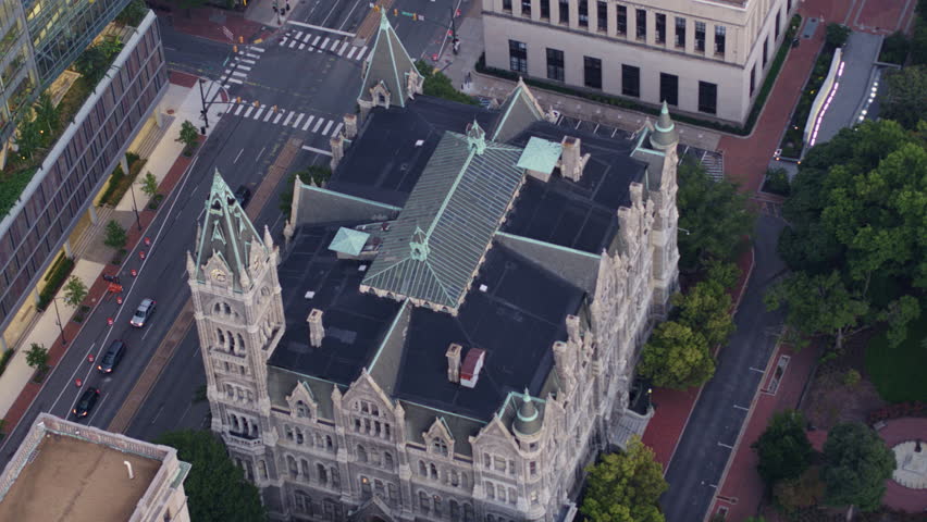 Richmond Virginia Aerial Birdseye detail of City Hall panning out to cityscape 10/17